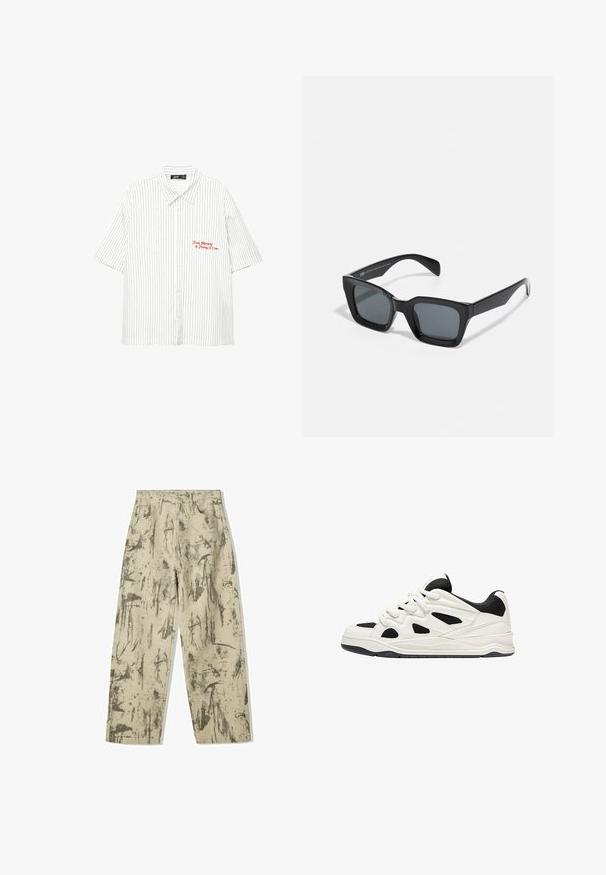 Valkoinen lyhythihainen paita, jossa on pystysuoria tummansinisia raitoja, nappi edessä ja punaisella brodeeratulla tekstillä "Maanantaista perjantaihin klo 17".; Bershka BAGGY PRINTED - Loose fit -farkut - evergreen; Valkoiset ja mustat urheilukengät, joissa on teksturoitu pohja, sivuilla leikkauksia ja nauhoja, sekä pehmustettu takapohja tuen tarjoamiseksi.; Musta suorakulmainen aurinkolasi tummilla linsseillä. Muovikehys kiiltävällä pinnalla, leveällä siltalla ja hieman kapenevilla jaloilla.