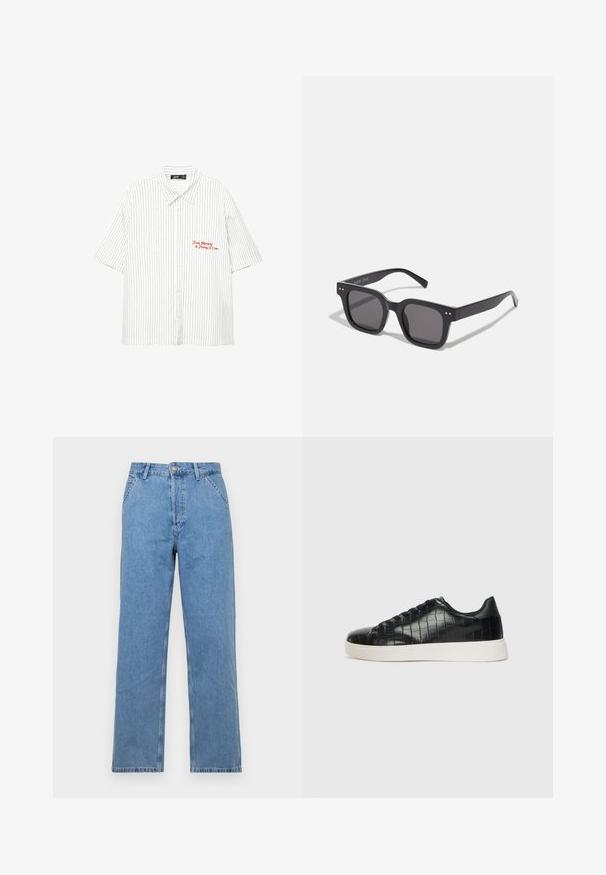 Cămașă albă cu mânecă scurtă, cu dungi verticale bleu închis, cu închidere cu nasturi și text brodat roșu care spune "De luni până vineri, ora 17:00."; Jeans din denim albastru deschis cu croială dreaptă, având un design clasic cu cinci buzunare, închidere frontală cu nasture și bucle pentru brâu. Textură netedă.; Tenisi negri cu un exterior din piele texturată imitată crocodil, vârf rotund și o talpă din cauciuc alb contrastant, cu un finisaj neted.; Ochelari de soare negri, de formă rectangulară, cu lentile închise, având un cadru gros, accente subtile pe margini și fără logo-uri vizibile în afară de numele brandului.; Geantă de messenger neagră, realizată din material neted, cu un capac pliat, hardware din metal argintiu și o curea pentru umăr ajustabilă.
