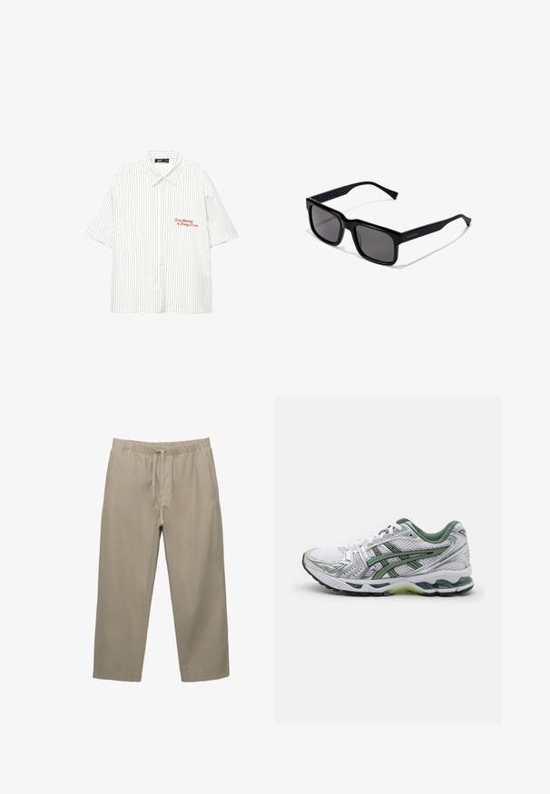 Weißes kurzärmliges Hemd mit vertikalen marineblauen Streifen, Knopfleiste und rotem besticktem Text "Von Montag bis Freitag 17 Uhr."; Beige Baumwollhose mit elastischem Bund und verstellbarem Kordelzug. Gerade Passform mit Seitentaschen und glatter Textur.; Weißer Sportschuh mit silbernen Akzenten, grünem Mesh-Kragen und grünen Streifen. Verfügt über ein strukturiertes Mesh-Obermaterial und eine gepolsterte Sohle.; Schwarze rechteckige Sonnenbrille mit dunklen Gläsern; glänzendes Kunststoffgestell mit geraden Bügeln und subtilen Logodetails an der Seite.