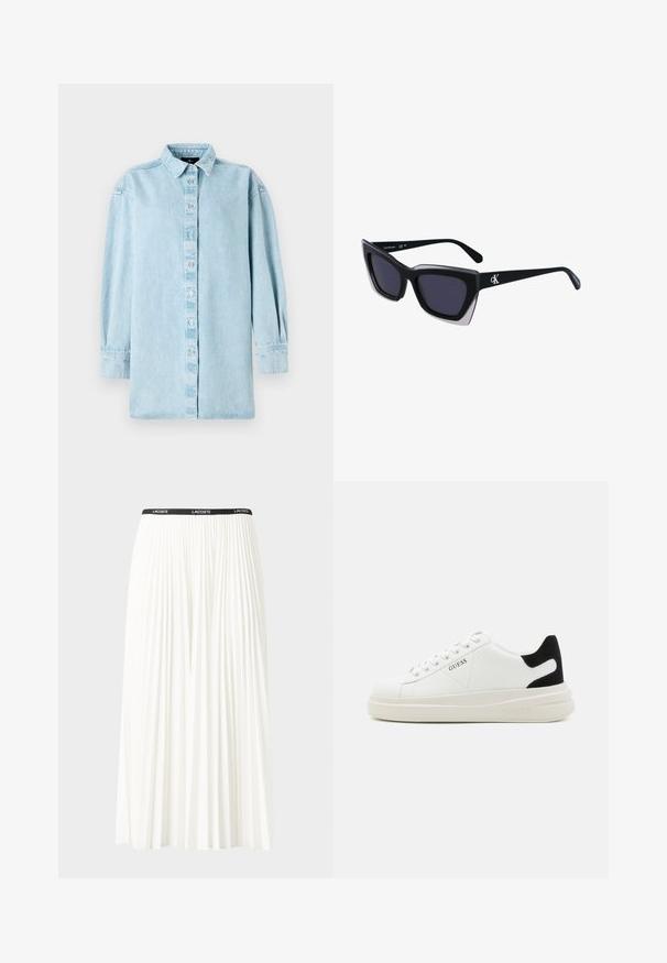 Šviesiai mėlynas džinsinis marškinis su mygtukų užtrauktuku priekyje, ilgomis rankovėmis ir klasikinio stiliaus apykakle. Yra šiek tiek laisvas modelis su subtilia tekstūra.; Pleated balta sijonas su juodu elastiniu juosmeniu, ant kurio yra "LACOSTE" logotipas. Vidutinio ilgio dizainas su švelnia tekstūra.; Baltos odinės sportbačiai su storu baltu padu, juodu nubuko kulno akcentu ir iškilmingu logotipu šone. Su raišteliais, turinčiais šešis akinius.; Juodos didelės saulės akinių su geometrine forma, turinčiais tamsius objektyvus ir kontrastingą pilką detalę ant rėmelio. Logotipas ant šalon.