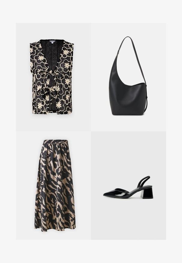 Black sleeveless top with a V-neck, featuring a floral pattern in cream and a tied front closure. Textured fabric with a ribbed appearance.; Black and beige long skirt with an elastic waistband, featuring an abstract animal print pattern and a flowing silhouette.; Black patent leather slingback heels with a pointed toe and a geometric block heel. Features a sleek, minimal design and smooth texture.; Black leather hobo bag with a smooth texture, curved shape, and single adjustable strap; features a wide opening at the top.
