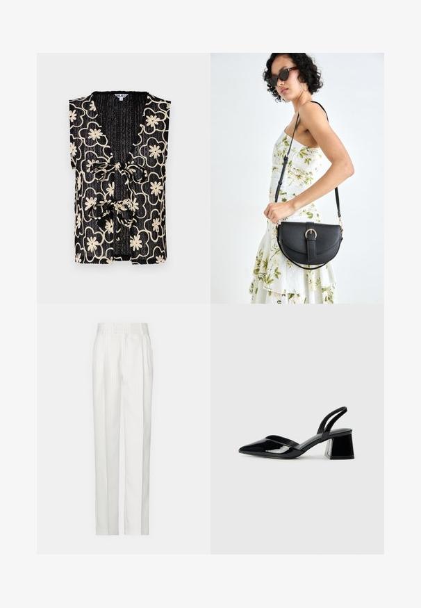 Fekete ujjatlan felső V-nyakkal, krémszínű virágmintával és megkötős előlappal. Texturált anyag bordázott megjelenéssel.; Fehér csíkozott nadrág, egyenes lábformával, könnyű anyagból készült. Elöl plisszírozott rész és hagyományos derékszíj jellemzi.; Fekete lakk bőr szandálkés magas sarkú cipő, hegyes orral és geometrikus tömbsarkakkal. Karcsú, minimalista dizájn és sima textúra jellemzi.; Fekete bőrtáska ívelt formával, levehető pánttal és arany színű fémrészekkel. A táskán egy csattal díszített fedél található.