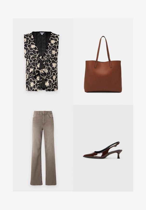 Svart ermeløs topp med V-hals, med et blomstermønster i kremfarge og en knyttet frontlukking. Strukturerte stoffer med ribbet utseende.; Brune høy midje rette jeans med frontknapp, beltesløyfer og klassisk fem-lomme design på hvit bakgrunn.; Brune patentlæder slingback sko med spids tå og moderat hæl. Har en spænde rem for sikker pasform. Glat tekstur.; Brun lær tote veske med en jevn tekstur, åpen toppdesign og to skulderstropper. Har minimal søm og ingen synlige spiker.