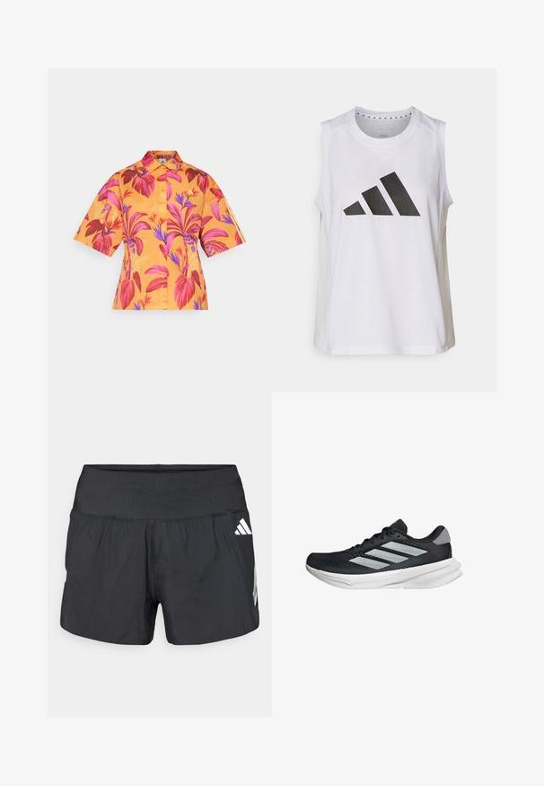 Kratki rukav košulja od narančaste tkanine s vibrantnim cvjetnim uzorkom u ružičastim i ljubičastim tonovima, s ovratnikom i kopčanjem na gumbe.; Bijela bezrukava sportska majica s okruglim izrezom, na prednjoj strani ima veliki crni Adidas logo sastavljen od tri pruge.; Crne sportske kratke hlače s širokim elastičnim pojasom, laganom tkaninom i bijelim logotipom na donjoj strani.; Crne trkačke tenisice s mrežastim gornjim dijelom, tri srebrne pruge, bijeli srednji sloj i teksturirani potplat. Sadrži podstavljeni ovratnik i zatvaranje s vezicama.