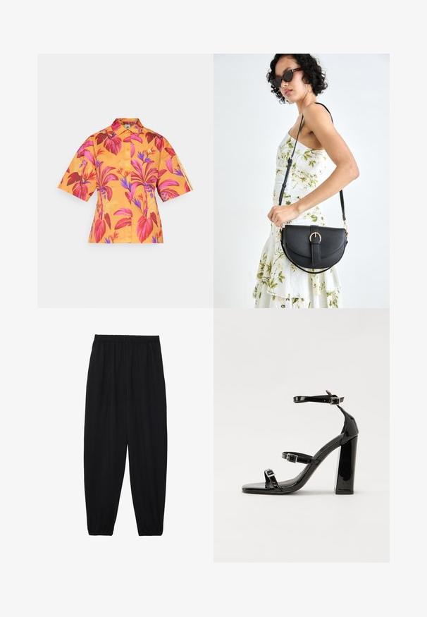 Trumpas rankovės marškinėliai oranžinės medžiagos, papuošti gyvybinga gėlių raštu rožinės ir violetinės spalvos atspalviais, su apykakle ir mygtukų uždarymu.; Juodi, lengvi kelnių su elastinga juosmens juosta ir surinktais kulkšniais. Audinys yra lygus ir turi atsipalaidavusį, siaurėjantį dizainą.; Juoda blizgi lakuota basutė su kvadratiniu pirštu, kulkšnies dirželiais ir sidabro sagtimis. Yra tvirta blokinė kulno konstrukcija, užtikrinanti stabilumą.; Juodas odinis krepšys su išlenkta forma, nuimamu dirželiu ir auksiniais detalėmis. Krepšys turi kilpą su sagtimi.