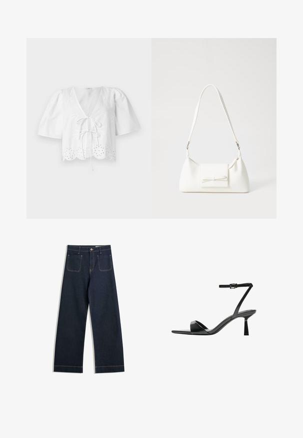 Fehér, rövidített blúz puffos ujjakkal, V-nyakkal, elöl megkötős részlettel és hegyes széllel, amelynek peremén szemlélyekkel díszített hímzés található.; Sötétkék, széles szárú farmernadrág, eltérő bézs varrással, két hátsó zsebbel és gombos záródással a deréknál.; Bershka Magas sarkú szandálok - black; Fehér szintetikus kézitáska, háromszög alakú, lapos előlap, masni részlettel, állítható pánttal, sima textúrával és minimalista dizájnnal.
