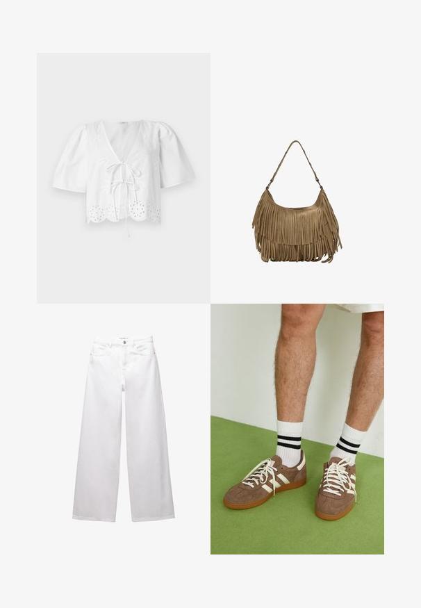 Fehér, rövidített blúz puffos ujjakkal, V-nyakkal, elöl megkötős részlettel és hegyes széllel, amelynek peremén szemlélyekkel díszített hímzés található.; Fehér, bő szárú farmernadrág. Gombos záródással, elülső és hátsó zsebekkel, valamint steppelt varrásokkal rendelkezik. Simas textura, minimális díszítéssel.; Barna velúr sportcipő fehér díszítéssel és fűzővel. Gumi talp. Fehér zoknival viselve, fekete csíkokkal. Zöld, textúrázott padló.; Barna velúr kézitáska hosszú rojtos részletekkel, ívelt formával és egyetlen vállpánttal. Simító, texturált felülettel rendelkezik.