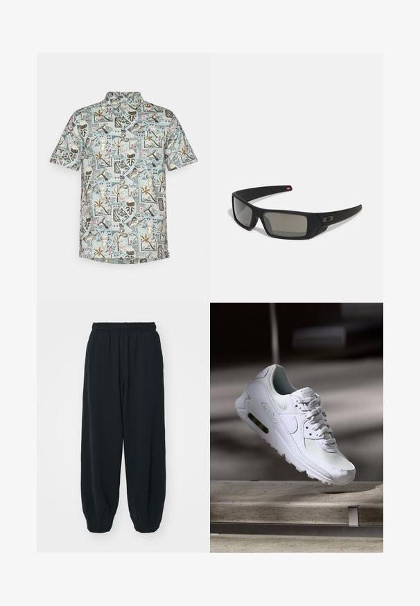 Lyhythihainen paita vaaleansinisestä kankaasta, jossa on geometrinen kuvio erilaisilla trooppisilla motiiveilla mustilla, ruskeilla ja vaaleanpunaisilla yksityiskohdilla.; Mustat, elastisella vyötäröllä varustetut collegehousut, joissa on löysä istuvuus, cuffattu lahje, sileä pinta ja ilman näkyviä kuvioita tai varusteita.; Valkoiset Nike Air Max 90 -lenkkarit, joissa on verkko- ja nahkapinta, rei'itetty kärki ja näkyvä ilmayksikkö kantapäässä.; Mustat aurinkolasit matta-pinnalla, suorakulmaiset linssit, hieman kaarevat tempaukset, hienovarainen logo-yksityiskohta ja savunväriset linssit.
