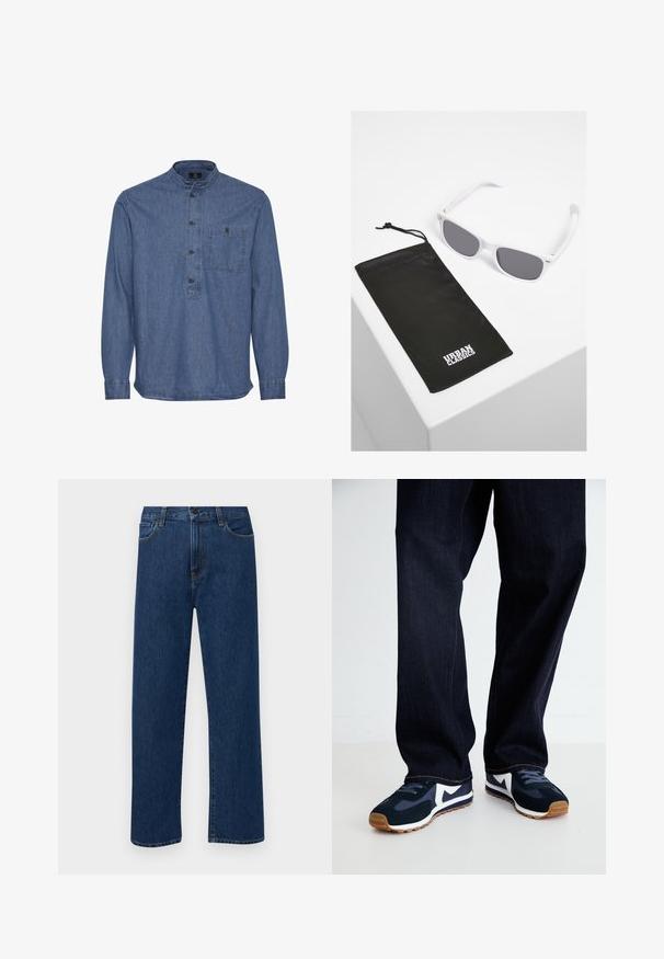 Koszula dżinsowa w średnim niebieskim kolorze. Posiada kołnierz typu band, przedni panel z guzikami oraz jedną kieszeń na piersi. Długie rękawy z mankietami.; Granatowe dżinsy prostego kroju z kieszeniami z przodu i zapięciem na guzik, zaprezentowane na jednolitym białym tle.; Granatowe i białe buty sportowe z fakturowaną cholewką, sznurowadłami i gumową podeszwą, w połączeniu z ciemnoniebieskimi dżinsami z pomarańczowymi przeszyciami.; Białe plastikowe okulary przeciwsłoneczne z szarymi soczewkami obok czarnej tkaninowej torby z białym logo "URBAN CLASSICS" napisanym pogrubioną czcionką.