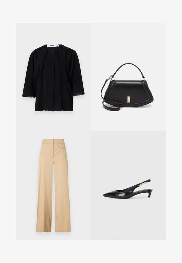 Must must värvi lühikeste varrukatega tipp, millel on frantsi detailid õlgadel ja varrukatel. Pehme kude, mugav lõige ja eesmine voldik. Brändi silt: DAY.; Beige laiad sääred püksid, mis on valmistatud puuvilla segakangast. Omavad siledat tekstuuri, elastset vöökohta ja külgmist nööbiga detaili.; Mustad nahast slingback kontsad terava ninaga, millel on õhuke konts ja kuldse tooni aktsent reguleeritaval rihmal. Sile tekstuur.; Must mustrist käekott, millel on struktureeritud disain, lühendatud kuju, ülemine käepide ja kuldne metallist detail. Reguleeritav õlalihm on kaasas.