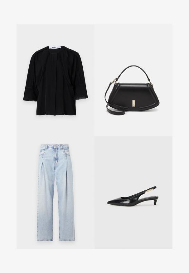Zwarte top met korte mouwen en franjes langs de schouders en manchetten. Zacht materiaal, relaxte pasvorm en een platte voorkant. Merklabel: DAY.; Lichtblauwe denim jeans met een hoge taille, wijde pijpen, twee zijzakken en geplooid ontwerp. Zachte textuur met een vervaagd uiterlijk.; Zwarte leren slingback hakken met een spitse neus, voorzien van een slanke hak en een goudkleurige accent op de verstelbare band. Gladde textuur.; Zwarte leren handtas met een gestructureerd ontwerp, featuring een verkorte vorm, bovenhandvat en gouden hardwareaccent. Inclusief verstelbare schouderband.