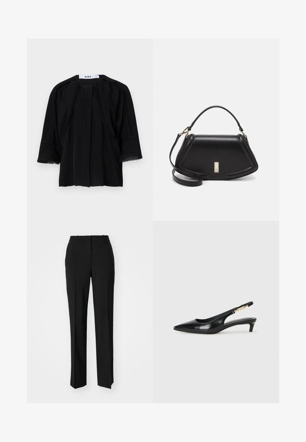 Schwarzes kurzärmliges Top mit Fransen an den Schultern und Ärmeln. Weicher Stoff, lässige Passform und Falten vorne. Markenlabel: DAY.; Schwarze, taillierte Hose mit geradem Bein, aus einem glatten Stoff und mit klaren Falten an der Vorderseite. Keine sichtbare Hardware.; Schwarze Leder-Slingback-Pumps mit spitzem Schuhblatt, ausgestattet mit einem schlanken Absatz und einem goldfarbigen Akzent am verstellbaren Riemen. Glatte Textur.; Schwarze Lederhandtasche mit einem strukturierten Design, das eine verkürzte Form, einen oberen Griff und goldfarbene Hardware-Details aufweist. Verstellbarer Schulterriemen ist enthalten.