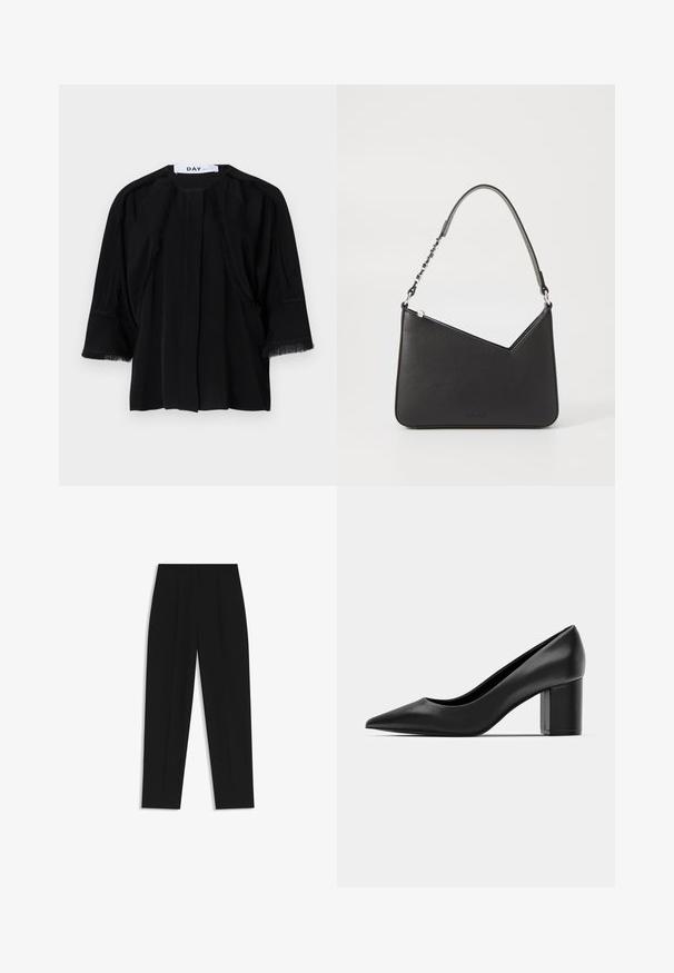 Top corto nero a maniche corte con dettagli in frange lungo le spalle e i polsini. Tessuto morbido, vestibilità rilassata e piega frontale. Etichetta del marchio: DAY.; Pantaloni neri a taglio dritto, con doppie pieghe, una texture liscia e un design classico in vita. Nessun hardware o dettaglio visibile.; Decolleté in pelle nera con punteggiatura e tacco quadrato spesso. Texture liscia, design semplice, adatto per ambienti formali.; Borsa a mano in pelle nera con forma triangolare, una tracolla sottile e accessori in argento. Presenta una chiusura con zip e un logo impresso sul davanti.