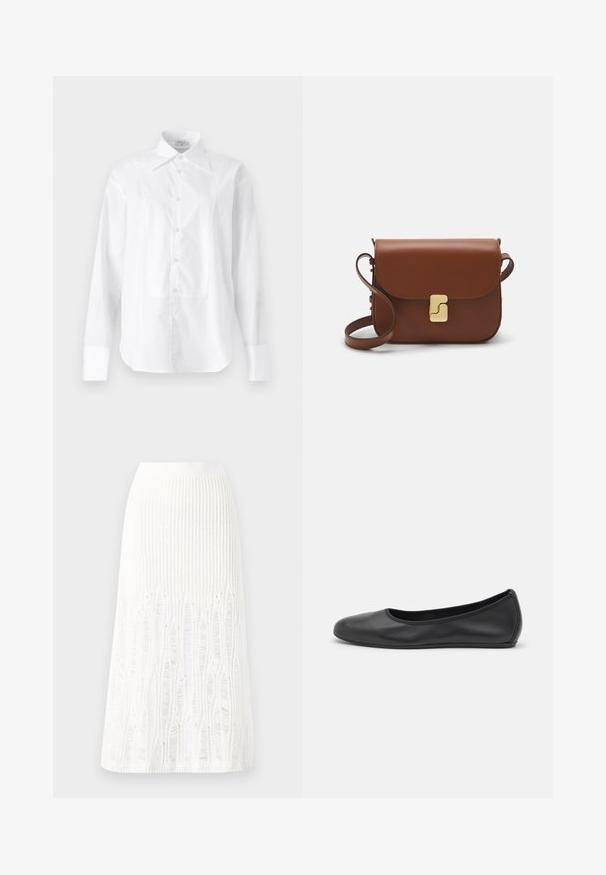 Filippa K TUXEDO - Pogājama blūze - white; Adīts balts midi svārki ar teksturētu rakstu, kas ietver vertikālas līnijas un izgriezumus pie apakšmalas. Elastīgs vidukļa jostasvads. Mīksts materiāls.; Melna ādas baleta kurpe ar noapaļotu purngalu, gludu tekstūru, minimālu šuvju detalizāciju un elastīgu zoles dizainu.; Bordo ādas rokas soma ar atloku, zeltītām detaļām, plecu siksnu un gludu virsmu. Kompakta, taisnstūrveida forma.