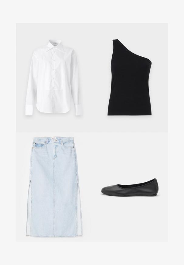 Filippa K TUXEDO - Chemisier - white; Débardeur noir à côtes à une épaule, avec un design ajusté et une texture douce. Présente une coupe épurée et minimale ainsi qu'un col lisse.; Jupe maxi en denim bleu clair avec une coupe droite, dotée de fentes sur les côtés et d'un design à cinq poches. Couture bien visible et fermeture à bouton métallique.; Ballerines en cuir noir avec un bout rond, texture lisse, détails de couture minimalistes et design de semelle flexible.
