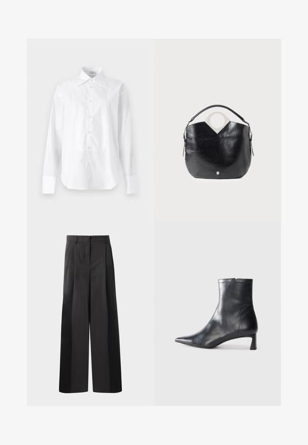 Filippa K TUXEDO - Blusa - white; Pantalones de pierna ancha negros con cintura alta, que presentan pliegues en la parte delantera, una textura suave y un acabado a medida. Diseñados para un ajuste relajado.; Botín de cuero negro hasta el tobillo con punta afilada y un diseño elegante. Presenta un tacón bajo y un cierre con cremallera en la parte trasera. Textura suave.; Bolso de cuero negro con forma curva, asa redonda en la parte superior y detalle de logo plateado. Textura suave y destacada característica de diseño con recortes.