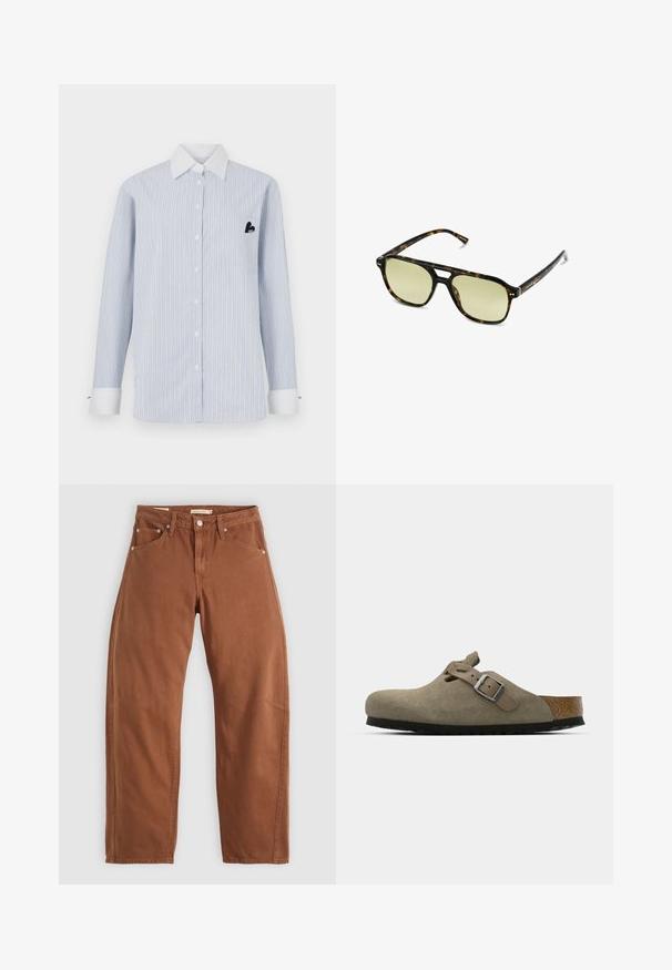 Gestreiftes Langarmhemd in Hellblau mit weißen Streifen. Mit einem weißen Kragen, Vorderknöpfen und einer Tasche mit einem schwarzen Logodetail.; Rostbraune gerade geschnittene Jeans mit Vorder- und Hintertaschen, Metallnieten, Knopfverschluss und Gürtelschlaufen, flach auf einem weißen Hintergrund ausgelegt.; Wildleder-Clogs in hellolivgrün mit einer geformten Kork- und Gummisohle. Verfügt über einen Seitenriemen mit einer metallischen Schnalle und einer abgerundeten Zehenpartie.; Schildkrötensonnenbrille mit rechteckiger Form, grün getönten Gläsern und gemusterten Acetatrahmen. Verfügt über metalliche Akzente in der Nähe der Gläser.; Dunkle Lederhandtasche mit zwei Vorderfächern, einer zentralen Schnalle und goldfarbenen Beschlägen. Glatte Textur mit einer gewölbten Silhouette.