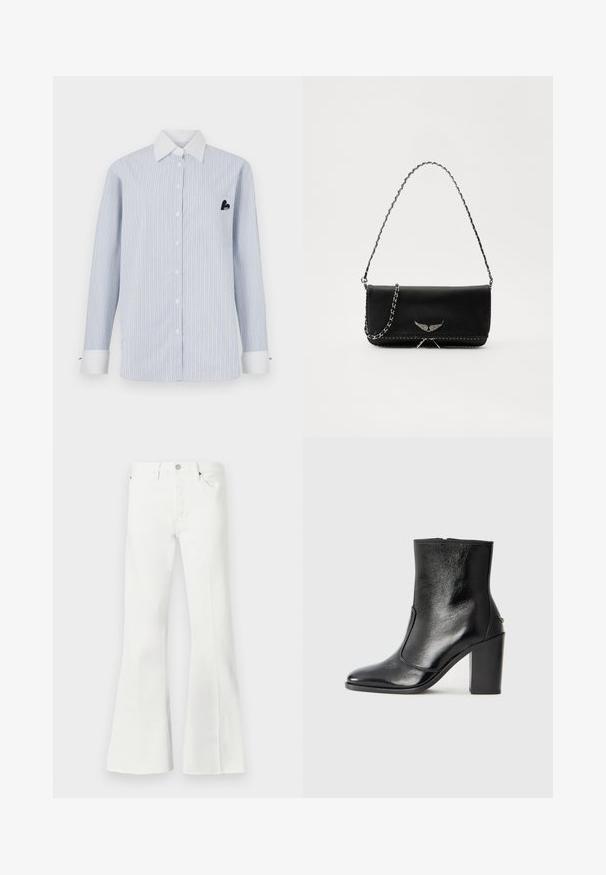Striped long-sleeve shirt in light blue with white stripes. Features a white collar, front buttons, and a pocket with a black logo detail.; White denim flared jeans with a high waist, featuring a button closure, two front pockets, and raw hem accents at the bottom.; Black leather ankle boot with a smooth texture, pointed toe, and a chunky high heel. Features a side opening and minimalistic design.; Black leather handbag with a silver chain strap, featuring decorative wing accents and white stitching along the bottom seam.