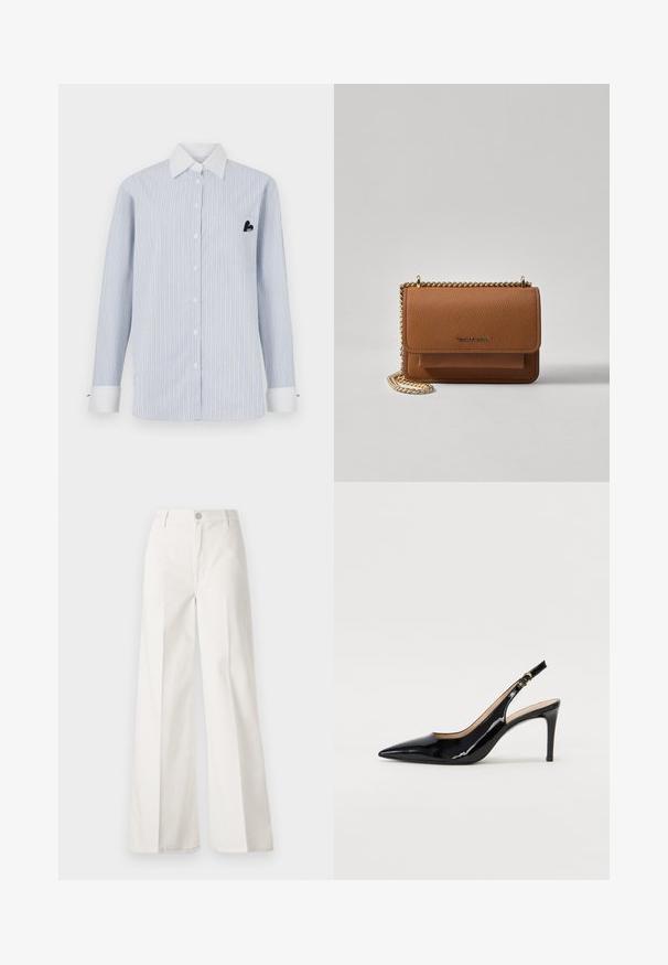 Pasek w poziome, długi rękaw, jasno-niebieski z białymi paskami. Posiada biały kołnierzyk, zapięcie na guziki z przodu oraz kieszeń z czarnym logo.; Białe spodnie typu wide-leg wykonane z bawełny o gładkiej fakturze. Posiadają zapięcie na guzik z przodu, zamek błyskawiczny oraz cztery kieszenie.; Czarne lakierowane szpilki typu slingback z szpiczastym noskiem, smukłym obcasem i subtelnym wycięciem. Posiadają złotą klamrę na pasku.; Brązowa skórzana torba na ramię z teksturą, z złotym łańcuszkiem i zapięciem na klapkę. Z przodu znajduje się detal z logo oraz kieszeń pod klapką.