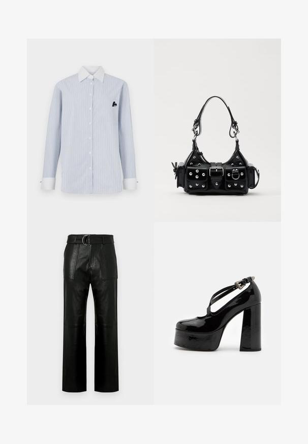 Gestreept lichtblauw overhemd met lange mouwen en witte strepen. Heeft een witte kraag, voor knopen en een zak met een zwart logo detail.; Hoge taille zwarte leren broeken met brede pijpen, grote voorzakken en een bijpassende riem met dubbelringgesp.; The Kooples CHAUSSURES - Hoge hakken - black; Zwarte lederen handtas met een gebogen ontwerp, voorzien van zilveren studs, een gesp en twee zijvakken. Verstelbare schouderband voor verschillende draagmogelijkheden.
