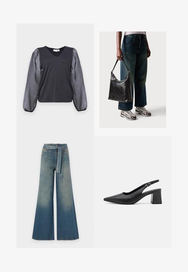 Fekete V-nyakú felső átlátszó, szürke pöttyös puffujjakkal, amely szoros testhez simuló fazonú. Az anyag sima, enyhe textúrával.; Bőszárú farmernadrág, világos és sötétkék árnyalatokkal, magas derekú, övgyűrűkkel és a nadrággal megegyező anyagú övvel. Textúrált farmer kivitel.; Fekete bőr, hátrahúzott sarkú cipő hegyes orral és vastag blokkf dấu. Állítható heveder fém csattal.; Fekete bőr válltáska sima textúrával és állítható pánttal, melyet elnyűtt, bő szárú farmernadrággal és sportcipőkkel párosítottak.