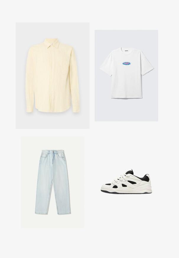 Lichtgele button-up blouse met verticale witte strepen, kraagontwerp, lange mouwen en één borstzak. Gelaagde stof.; Witte katoenen t-shirt met een oversized pasvorm, voorzien van een kleurrijk grafisch ontwerp in roze en blauw aan de voorkant. Ronde hals, korte mouwen.; Lichtblauwe denim jeans met een relaxte pasvorm, recht model, vijf zakken en subtiele vervaging in de stof.; Witte en zwarte sportschoenen met een gestructureerde zool, voorzien van uitsnijdingen aan de zijkanten en veters, en een gevoerde achterkant voor ondersteuning.