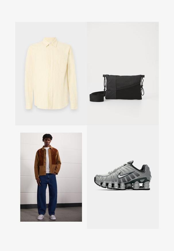 Svetložltá košeľa na gombíky s vertikálnymi bielymi pruhmi, s golierom, dlhými rukávmi a jednou vreckom na hrudi. Štruktúrovaná tkanina.; Biely bavlnený tielko s okrúhlym výstrihom, širokými ramennými popruhmi a rovnom spodným lemom, ktoré má hladkú textúru a žiadne viditeľné vzory.; Muž stojí vo vnútorných priestoroch, oblečený v hnedých kordových sako so sivými škvrnami, biele tričko, voľné modré džínsy a biele tenisky.; Sivé a čierne bežecké topánky Nike s viditeľným odpružením podobným pružine pod podrážkou a bielym logom swoosh na boku.; Čierna pletená taška na rameno zo štruktúrovaného materiálu, ktorá má diagonálny dizajn, nastaviteľný popruh a sťahovacie uzávery na bokoch.
