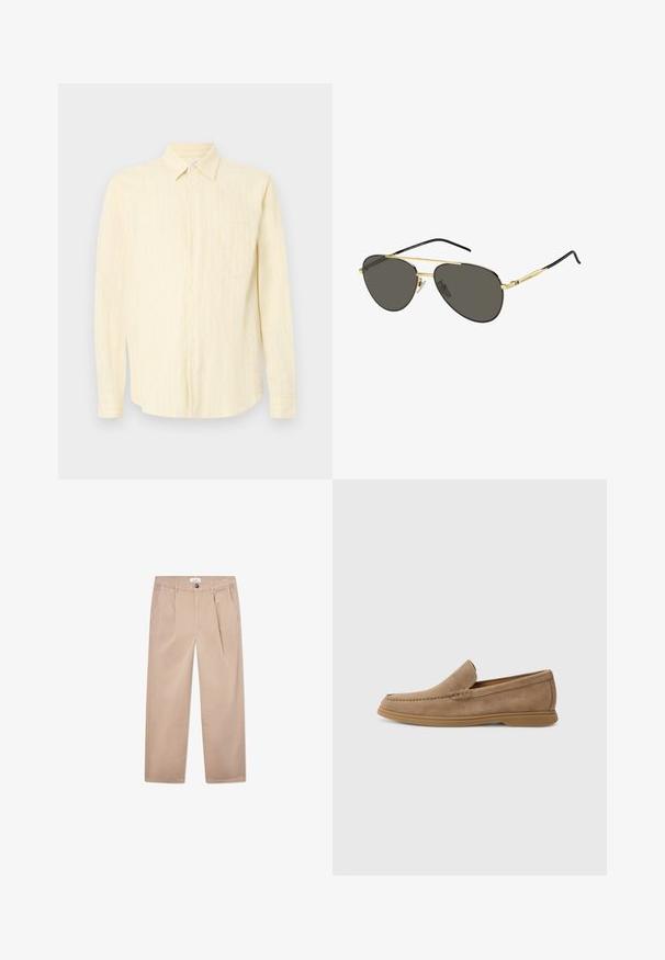 Camicia button-up gialla chiara con strisce bianche verticali, design con colletto, maniche lunghe e taschino sul petto. Tessuto testurizzato.; Pantaloni khaki in cotone con design a gamba dritta, dotati di due tasche frontali, chiusura con bottone e vestibilità classica.; Mocassini slip-on in suede marrone con una texture liscia e dettagli cuciti; presentano una suola in gomma per una migliore aderenza.; Occhiali da sole aviator in metallo dorato con lenti grigie scure, caratterizzati da un design elegante, aste nere e un branding sottile sulla montatura.