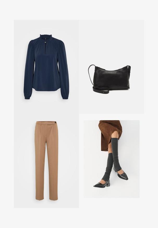 Mørkeblå langermet bluse med rynkete hals, en liten nøkkelhullsåpning, og samlet ermer med elastiske mansjetter. Glatt tekstur.; Brune skreddersydde bukser med rett ben, med en enkelt knappelukking og plisserte detaljer foran. Glatt tekstur, minimalistisk stil.; Sorte lakkpumps med spiss tå, blokkhel, og ankelstropp, kombinert med grå ribbestrikkede beinvarmere og et brunt semsket skinn skjørt.; Svart skinn skulderveske med glatt tekstur, buet form, justerbar stropp og glidelås. Minimalistisk design uten dekorasjoner.