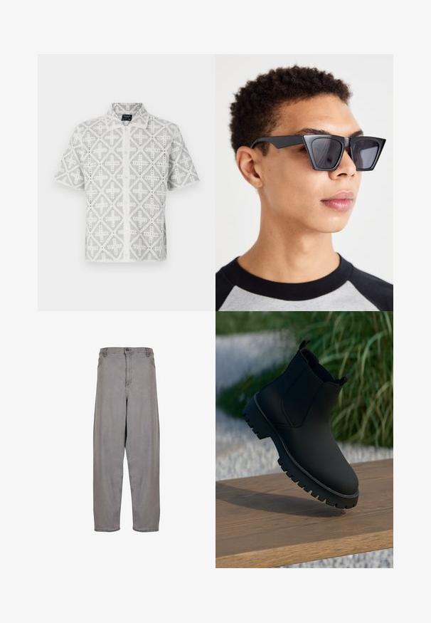 Īsām piedurknēm krekls baltā audumā ar pelēkiem ģeometriskiem rakstiem, ar izteiktu apkakli un pogām priekšā, demonstrējot atvērtu darbu detaļas.; Pelēka džinsu bikses ar augstu jostasvietu, plašu piegriezumu, priekšējo rāvējslēdzēju un pogu aizdari. Gluda tekstūra ar minimālistisku dizainu.; Melnas potītes ar gludu apdari, elastīgām sānu malām un biezu, izturīgu zoli. Novietotas uz koka virsmas dabiskā ainavā.; Melna leņķainu saulesbrilles ar tumšiem stikliem, ar drosmīgu ģeometrisku dizainu un matētu apdari. Valkā persona ar īsiem matiem.