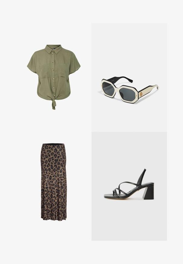 Alyvuogių žalia mygtukinė marškinėliai su trumpomis rankovėmis, apykakle, dviem priekinėmis kišenėmis ir surištu hemu juosmens srityje. Pagaminta iš lengvos medžiagos.; Tigrinės spausdintos sijonas rudos ir juodos spalvos, pasižymintis srauniai krentančiu dizainu su subtilia volanėle, pagamintas iš lengvos, minkštos medžiagos.; Juodos aukštakulnės sandalo su kvadratine nosimi, turinčios kelias plonas juostas ir geometrinį bloko kulną. Lygus odos paviršius ir minimalus dizainas.; Akiniai nuo saulės su aštuonkampiu baltu rėmu, juodais kraštais ir pilkais lęšiais. Aukso logo detalė šone suteikia išskirtinį akcentą.; Balta odinė rankinė su auksinio atspalvio užsegimu, juodais akcentais, nuimamu petiniu dirželiu ir struktūrizuotu dizainu su užlenkiamu užsegimu.