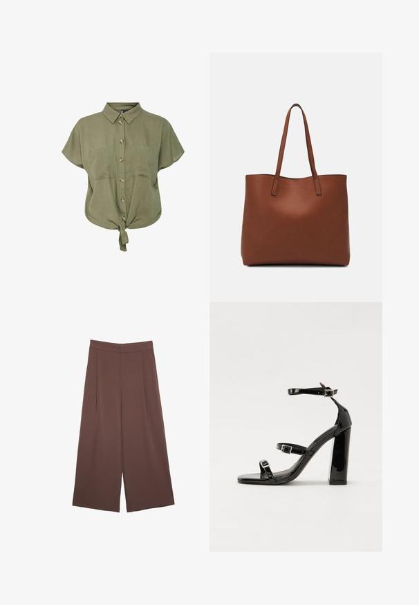 Olivgrön skjorta med kort ärm, krage, två framfickor och en knuten detalj vid midjan. Tillverkad av ett lätt material.; Bruna vida byxor med en slät textur, som har hög midja och framfickor. Tyget är lätt och flödar löst.; Svarta lackerade klacksandaler med fyrkantig tå, ankelremmar och silverfärgade spännen. Har en kraftig blockklack för stabilitet.; Brun läder tote-väska med en slät textur, öppen toppdesign och två axelremmar. Har minimal söm och ingen synlig metalldetalj.