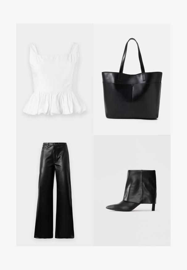 Top peplum blanc avec décolleté carré et fines bretelles. Fabriqué en tissu léger et lisse avec un détail de volants froncés au niveau de l'ourlet.; Pantalons larges en faux cuir noire taille haute avec bouton avant, fermeture éclair, passants de ceinture et poches latérales sur fond blanc.; Botte noire en cuir mi-mollet avec bout pointu, tige supérieure repliée et petit talon élancé, se tenant sur fond blanc.; Sac fourre-tout en cuir noir avec deux longues poignées, une texture lisse et une forme structurée. Dispose d'une poche avant pour un rangement supplémentaire.
