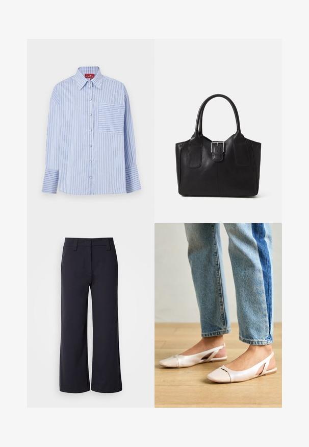 Camisa riscada azul e branca com colarinho, mangas longas, botões frontais e um bolso no peito esquerdo com riscas a combinar.; Calças largas de tecido azul marinho escuro. Apresentam uma frente lisa, passantes para cinto e bolsos laterais. O material é suave com um ligeiro alongamento.; Sapatilhas slingback de cor rosa pálido com bico fino, feitas de um material semelhante a couro liso. Apresentam detalhes recortados nas laterais e um salto plano.; Bolsa tote de couro preta com textura suave, forma estruturada, duas alças e um destaque prateado proeminente na parte da frente.