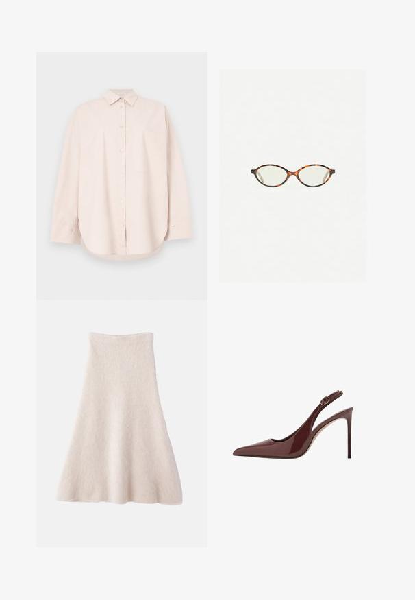 Camicia beige chiaro a maniche lunghe con bottoni, colletto appuntito e taschino singolo sul petto, mostrata su sfondo bianco.; Una gonna A-line beige chiaro realizzata in un tessuto morbido e testurizzato, con una vita liscia e una silhouette fluida.; Sandal con tacco alto in pelle lucida marrone scuro, punta affusolata, con cinturino regolabile e sottile tacco a stiletto.; Occhiali in tartaruga con lenti ovali e una finitura liscia e elegante. Presentano aste sottili con una leggera curva alle tempie. Lenti trasparenti.