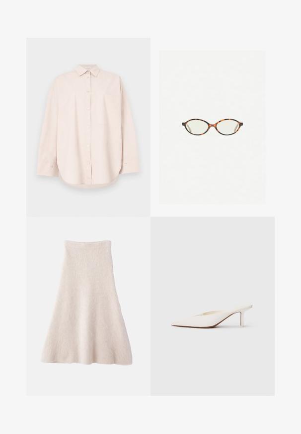 Ljusbeige långärmad skjorta med knappar, spetsig krage och en bröstficka, visad mot en vit bakgrund.; En ljusbeige A-linjeformad kjol i mjukt, texturerat tyg, med en slät midjeband och en flödande silhuett.; Spetsig tå vit mule med en låg stilettklack. Tillverkad av mjukt material med en minimalistisk design och subtila bruna souldetaljer.; Sköldpaddsmönstrade glasögon med ovala linser och en elegant, slät yta. Har tunna sidor med en subtil kurva vid tinningarna. Klara linser.