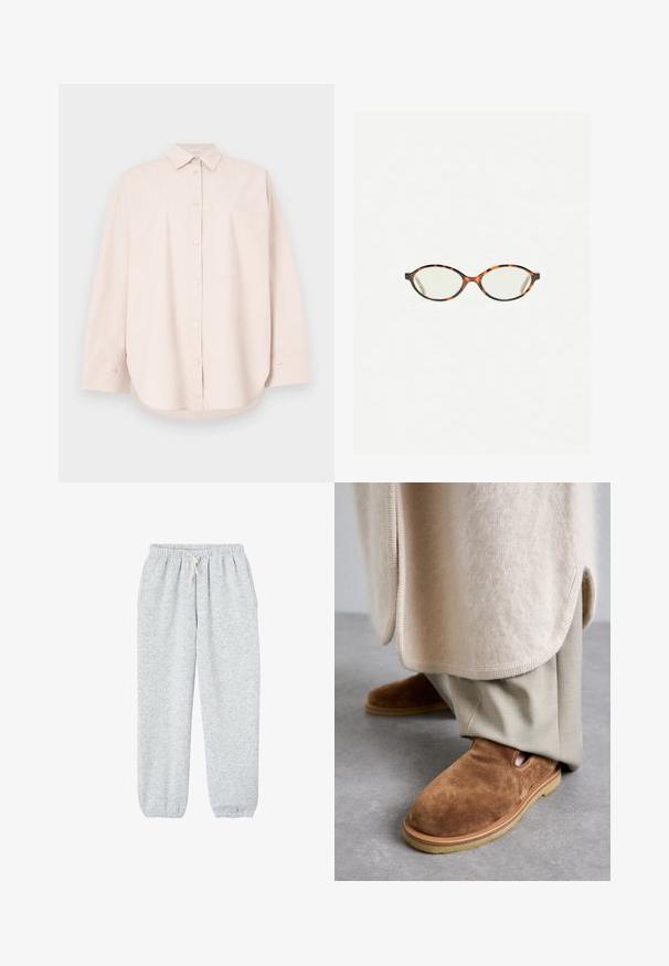 Light beige long-sleeve button-up shirt with pointed collar and single chest pocket, displayed against a white background.; Gray sweatpants made of soft fabric, featuring an elastic waistband with a drawstring, and elastic cuffs at the ankles.; Brown suede slip-on shoes with a rounded toe, rubber sole, and side cutout detail, paired with light beige tailored pants.; Tortoiseshell eyeglasses with oval lenses and a sleek, smooth finish. Features thin sides with a subtle curve at the temples. Clear lenses.; Light gray cashmere scarf with a twisted design, soft texture, and pointed ends. Features a small label with brand information at the top.