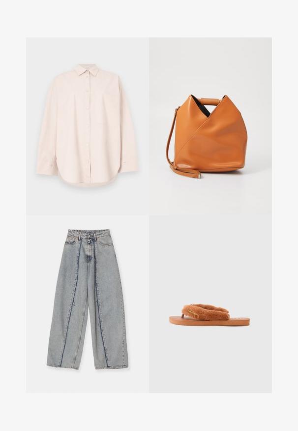 Hellbeiges Langarm-Hemd mit Knöpfen, spitzem Kragen und einer Brusttasche, vor weißem Hintergrund präsentiert.; Hellblaue weitgeschnittene Jeans mit fransigen Kanten, hoher Taille und kontrastierenden Nähten. Hergestellt aus Denim, zeigt sie eine lockere Passform und minimale Abnutzung.; Braunes, flauschiges Flip-Flop mit breiten Riemen und strukturiertem Fußbett. Mit einem goldenen Logo-Akzent. Die Sohle ist flach und aus Gummi.; Braune Lederhandtasche mit einzigartigem dreieckigem Faltendesign, Obergriff und abnehmbarem Schultergurt auf weißem Hintergrund.