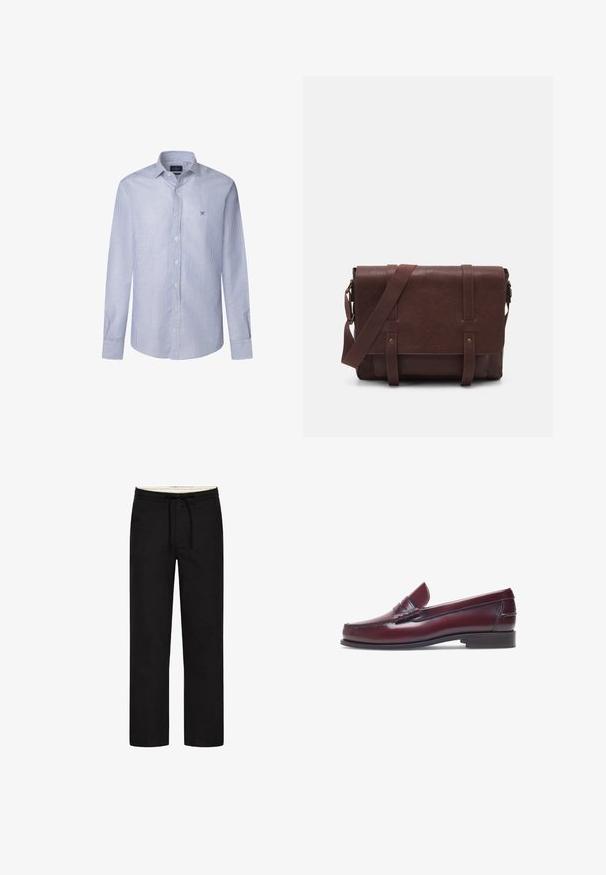 Camicia a maniche lunghe a righe in cotone blu chiaro e bianco, con colletto button-down e un piccolo logo ricamato sul petto.; Pantaloni neri a gamba dritta con vita elasticizzata, coulisse e design sobrio. Texture del tessuto morbida. Nessun motivo o dettaglio visibile.; Mocassino in pelle bordeaux con punta tonda, dettagli cuciti e un piccolo accentu decorativo sulla tomaia. Suola piatta in contrasto.; Borsa a tracolla in pelle marrone con un davanti piatto, due cinghie, dettagli in metallo dorato e una tracolla regolabile.