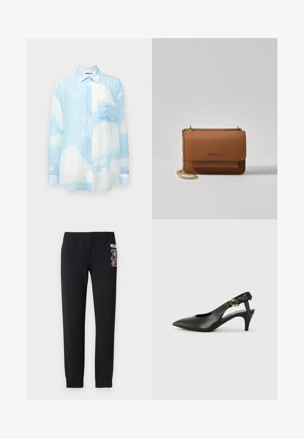 Világoskék, átlátszó, hosszú ujjú ing, felhőmintával. Gombos eleje van, gallérral és bal oldalon egy zsebbel rendelkezik. Puha tapintású.; Fekete, puha anyagból készült melegítőnadrág, bal combján medve grafika és szöveg látható. Rugalmas derékrész és passzéval ellátott szárak.; Fekete bőr slingback szivattyú hegyes orral, kis sarokkal és csat részlettel a bokapánton. Simaság, minimalista dizájn.; Barna textúrájú bőr keresztbody táska arany lánc pánttal és fedélzárral. Az elején logó részlet és egy zseb található a fedél alatt.