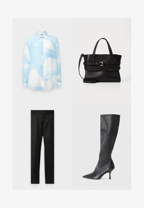 Šviesiai mėlynas, permatomas ilgomis rankovėmis marškinėliai su debesų raštu. Turi mygtukų užsegimą, apykaklę ir kišenę kairėje krūtinės pusėje. Minkšta tekstūra.; Juodos kelnės su lygiu audiniu, pritaikytu dizainu, tiesiomis kojomis ir plokščiu juosmeniu be matomų užsegimų ar kišenių.; Juodų odinių batų iki kelių su smailiu pirštu ir plonu stiletto kulnu. Lygus paviršius, pritaikytas dizainas ir siuvimas viršutiniame krašte.; Juodas odinis rankinukas su struktūrizuota forma, dviem viršutinėmis rankenomis, nuimamu dirželiu ir auksiniu užsegimu horizontalioje juostoje.