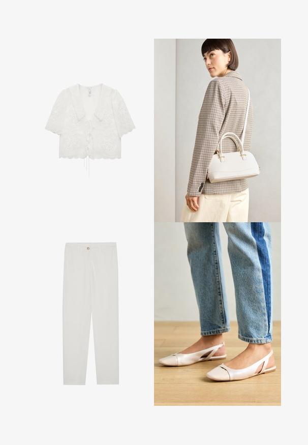 Mango KASH - Bluza - off-white; Bela, krojena hlače z ravnimi nogami, ki vključujejo gumbasto zapiranje, zanke za pas in stranske žepe; gladka tekstura tkanine.; Svijetloružičaste slingback balerinke s šiljastim nožnim prstima, napravljene od glatkog materijala nalik koži. Imaju izrezane detalje sa strane i ravne pete.; Bela strukturirana torba z kratkimi ročaji in naramnim trakom, z zlatimi okrasnimi elementi in teksturiranim materialom, prikazana na sivi podlagi.