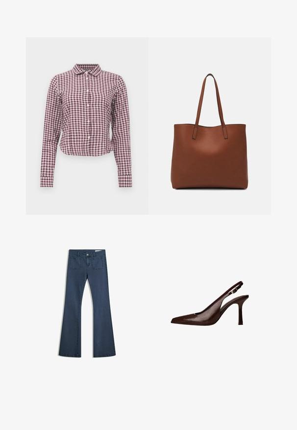 Long-sleeve button-up shirt in pink and purple checkered pattern. Features a collar, curved hem, and soft fabric texture.; Dark blue flared denim jeans with stitched pockets, a button closure, and a smooth texture. Features a classic five-pocket design.; Brown leather slingback pump with a pointed toe and a thin heel. Features a small accent buckle on the strap and a glossy finish.; Brown leather tote bag with a smooth texture, open top design, and two shoulder straps. Features minimal stitching and no visible hardware.
