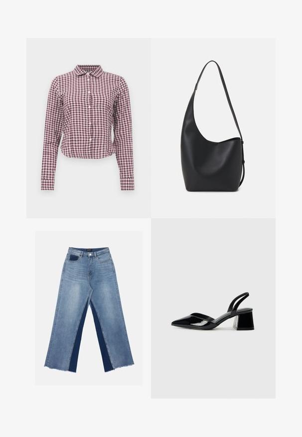 Košeľa s dlhým rukávom na gombíky v ružovo-fialovej kárované vzore. Má golier, zakrivený spodný okraj a jemnú textúru látky.; Svetlomodré široké džínsy so kontrastnými tmavomodrými panelmi, rozstrapkanými lemami a štandardným pásom so zapínaním na kovový gombík.; Čierne lakované kožené sandálové podpätky s špicatou špičkou a geometrickým blokovým podpätkom. Disponujú elegantným, minimalistickým dizajnom a hladkým povrchom.; Čierna kožená hobo taška so hladkou textúrou, zakriveným tvarom a jedným nastaviteľným popruhom; má široké otvorenie na vrchu.
