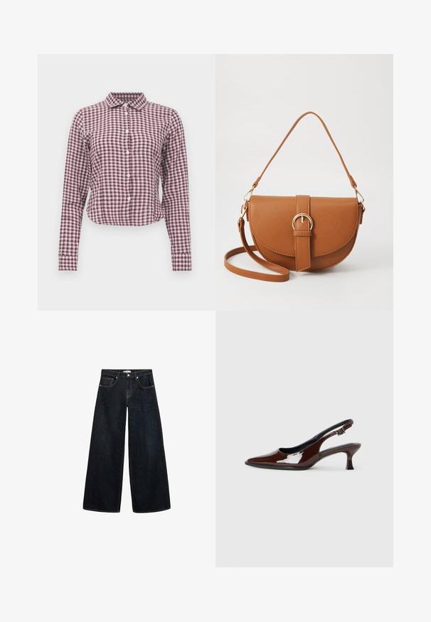 Camicia a maniche lunghe con bottoni in un motivo a quadri rosa e viola. Presenta un colletto, un'orlo curvo e una morbida texture del tessuto.; Jeans in denim scuro a gamba larga con vita alta, caratterizzati da cuciture a contrasto, tasche anteriori e un design minimalista.; Scarpa slingback in pelle verniciata marrone con punta affusolata e tacco moderato. Presenta una fascia con fibbia per una calzata sicura. Tessuto liscio.; Borsa a tracolla in pelle marrone con forma curvata, hardware dorato e un dettaglio con fibbia. Presenta una tracolla rimovibile.