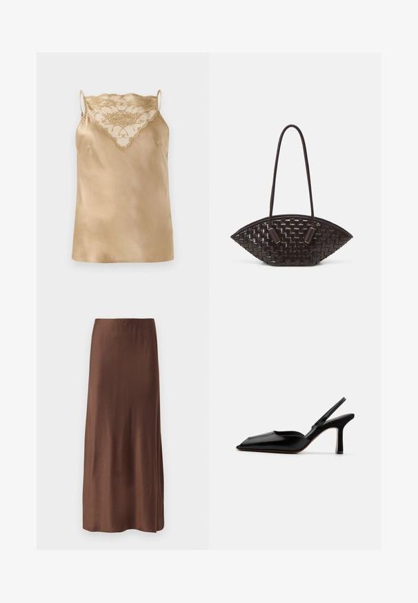 Camisole din satin bej cu detalii din dantelă la decolteu, având bretele subțiri și ajustabile și o textură netedă,Glossy.; Fustă midi din satin maro, cu o textură netedă, având o croială dreaptă și fără imprimeuri sau ornamente vizibile. Design simplu și elegant.; Sandale din piele neagră cu toc, cu vârf ascuțit, design minimalist, curea subțire la gleznă și toc subțire elegant. Textură netedă.; THEMOIRè OLIMPIA - Geantă de mână - fondant
