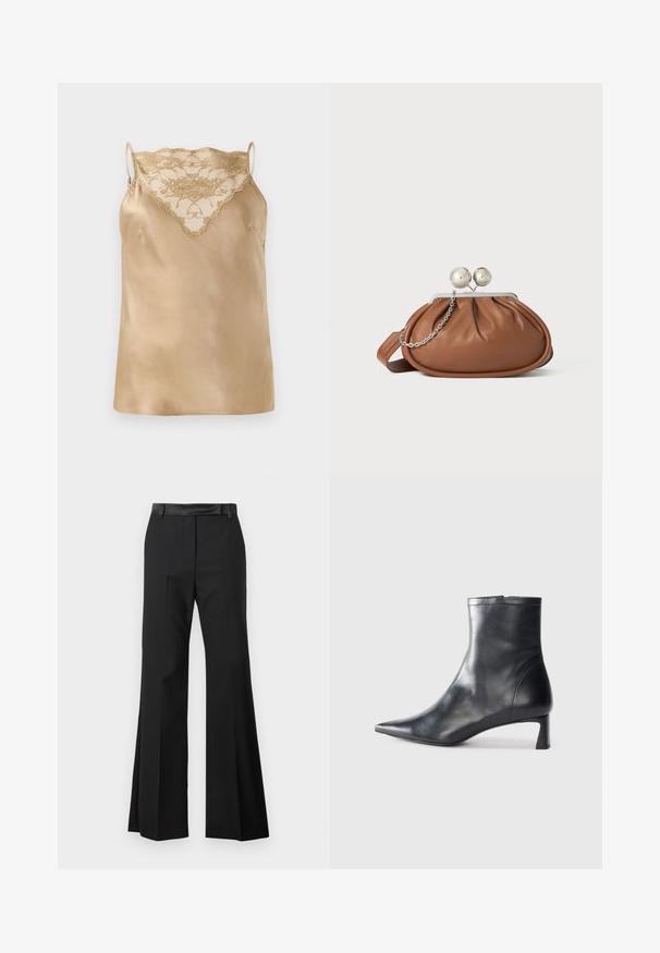 Beige satinlinne med spetsdetaljer vid halsringningen, med tunna justerbara remmar och en slät, glänsande yta.; Svarta utsvängda byxor med en slät tygfinish, med en fast midja och pressade veck för ett skräddarsytt utseende.; Svart läder ankelboot med spetsig tå och en smidig design. Har en låg klack och en dragkedjestängning bak. Slät textur.; Brun läderhandväska med silverkulklämma och en liten silversked på vit bakgrund.