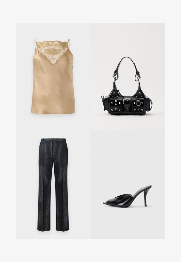 Camisola in satin beige con dettagli in pizzo sullo scollo, caratterizzata da sottili spalline regolabili e una texture liscia e lucida.; Pantaloni a righe scure con design a gamba larga, realizzati in un tessuto strutturato con sottili righe verticali argentate. Davanti piatto e passanti per cintura.; Mule nere in pelle con tacco alto, punta aperta, design affusolato, texture liscia e tacco stiletto sottile.; Borsa a mano in pelle nera con design curvo, caratterizzata da borchie argentate, una fibbia e due tasche laterali. Tracolla regolabile per diverse opzioni di trasporto.
