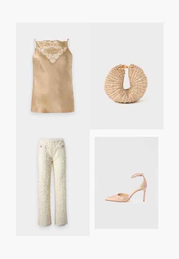 Camisola de satén en color beige con detalles de encaje en el escote, con tirantes finos ajustables y una textura suave y brillante.; Pantalones difusos de color blanco sucio con una textura suave, piernas rectas y acentos decorativos de botones plateados en los bolsillos frontales.; Zapato de charol nude con punta afilada, correa en el tobillo y tacón de aguja, que presenta una textura suave y un diseño minimalista.; Cult Gaia UBAH - Clutch - wheat