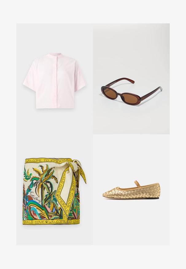 CLOSED RELAXED SHIRT - Μπλούζα - pink; Μεταξωτό μαντήλι με μια πολύχρωμη τροπική σχεδίαση που περιλαμβάνει φύλλα φοινίκων και πουλιά. Κίτρινο περίγραμμα με το κείμενο "ΚΑΛΩΣΟΡΙΣΑΤΕ ΣΤΟ EMERALD COVE."; Loeffler Randall LEONIE SOFT BALLET FLAT - Μπαλαρίνες με λουράκι στον αστράγαλο - gold; Στρογγυλά, καφέ-χρωματιστά γυαλιά ηλίου με γυαλιστερή μπορντώ σκελετό. Λεπτά πόδια με διακριτική λεπτομέρεια λογότυπου. Σχεδίαση επίπεδου φακού.